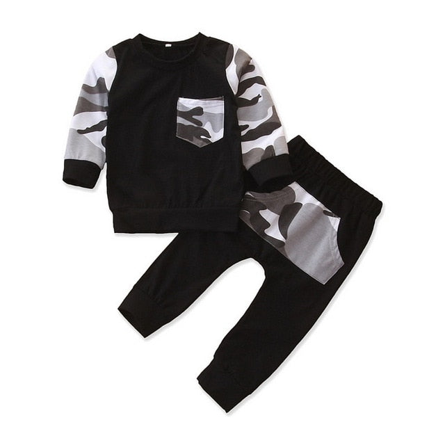 Winter Two Pcs Boys Clothes Set Camouflage Tops And Black Trousers with Pocket Long sleeve Boy Clothe Roupas infantis menina D30